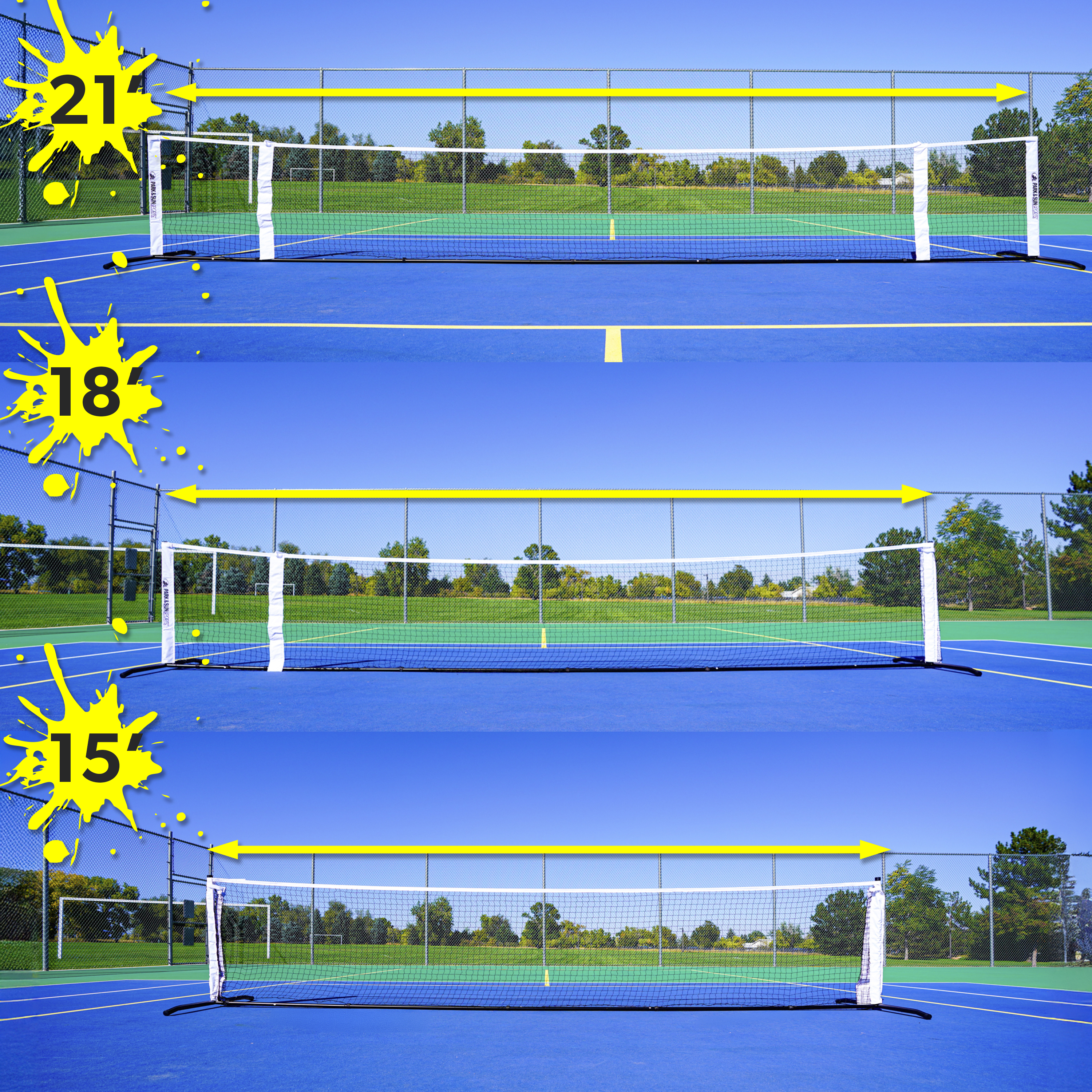 Adjustable Portable pickleball set from 21 ft to 18 ft to 15 ft