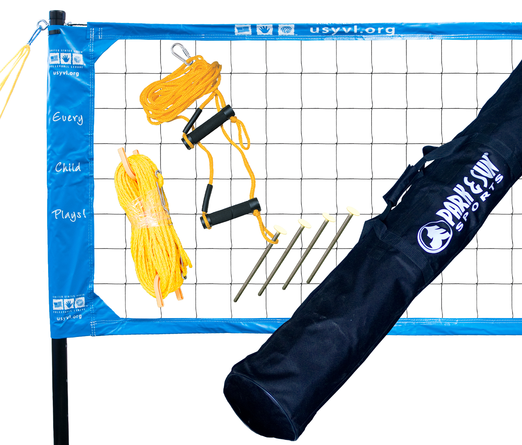 The Spectrum USYVL features our volleyball regulation size Spectrum net, which measures 32' L x 3' H, and is pre-attached to the poles. The net tapes are 2 in. top and bottom with reinforced corners and 6 in. side sleeves, which distributes the net tension evenly from the top to the bottom of the net.