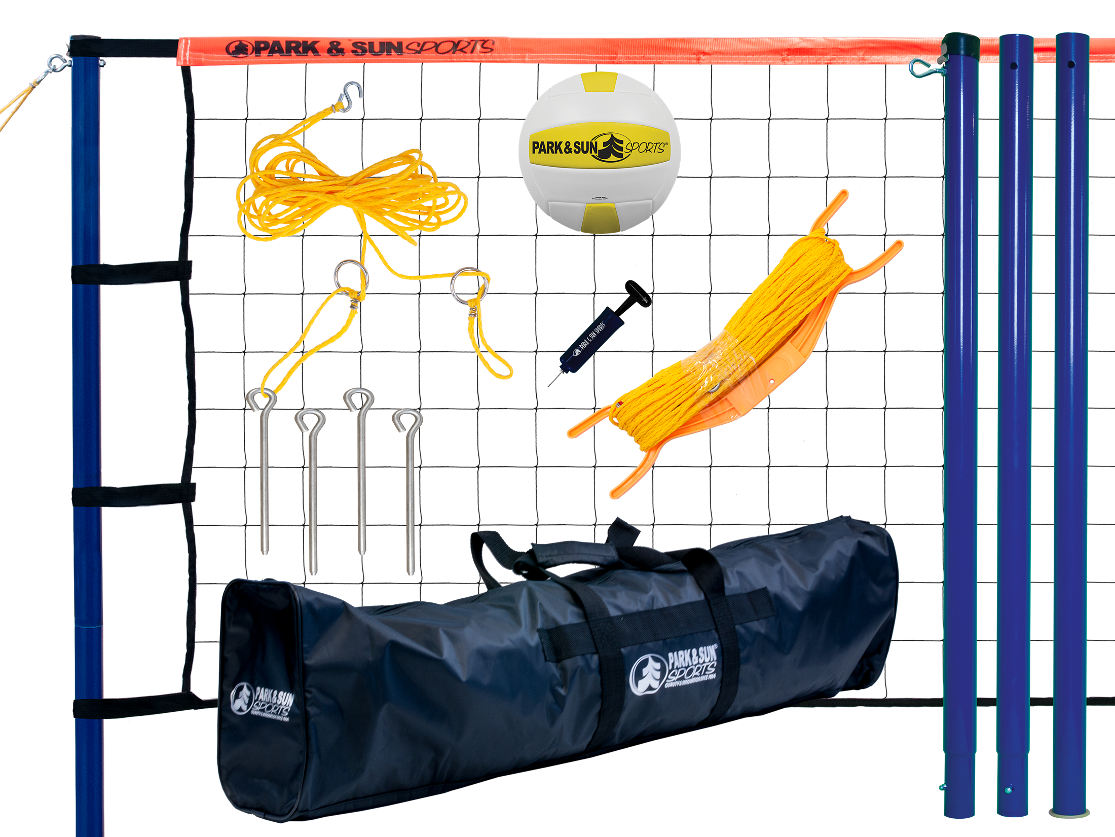 Park & Sun Spiker Sport Steel Orange Portable Outdoor Volleyball Net Set w/ Bag 