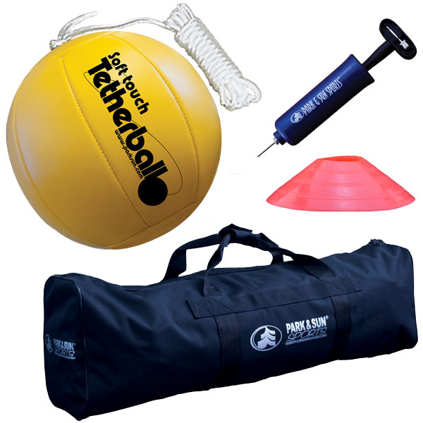 Portable tetherball accessories include tetherball, hand pump, safety cone, and equipment bag