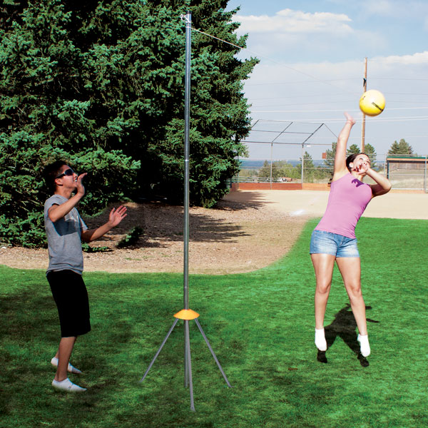 Portable tetherball take your game to the park or anywhere with semi-solid surfaces