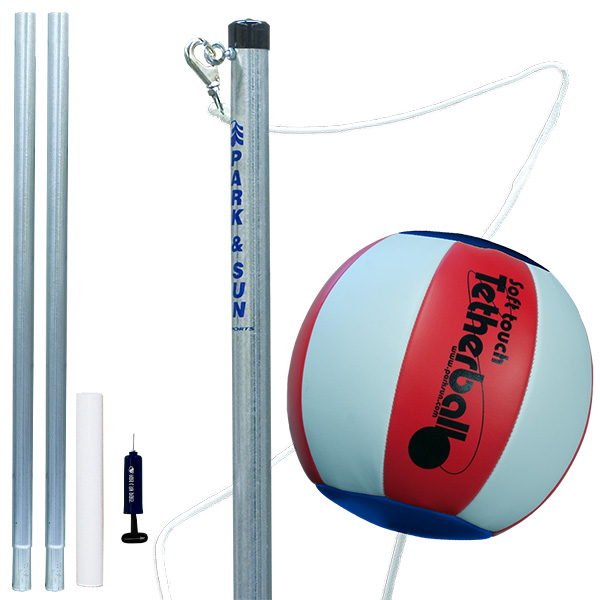 Classic 3 piece steel tetherball set with red white and blue ball